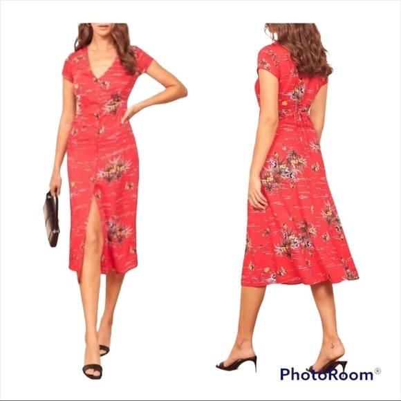 Reformation Coral Hawaiian Print Denise Button Down Floral Midi Dress Size XS - Picture 6 of 12